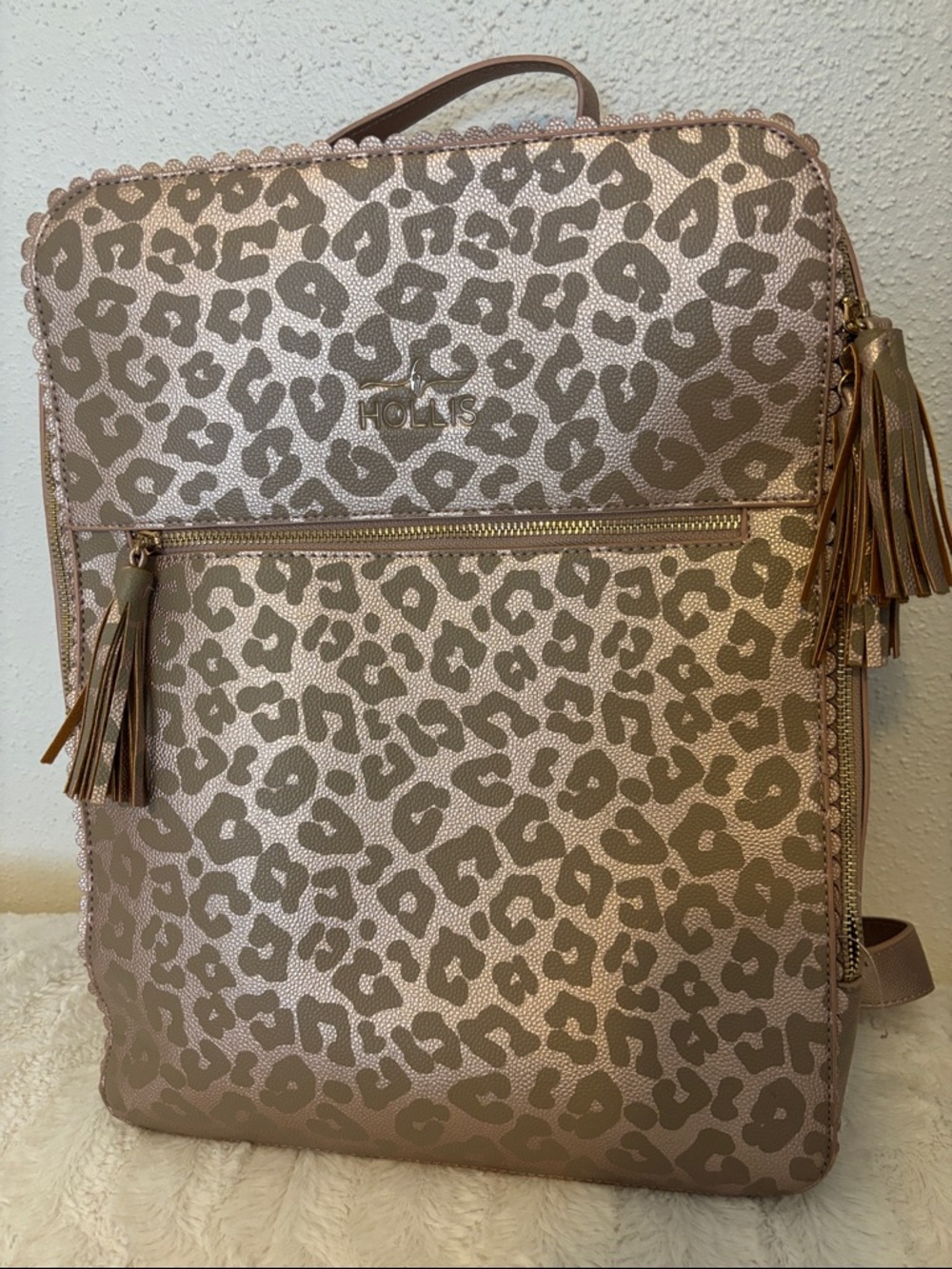 Hollis Metallic Rose Gold Leopard Print Backpack